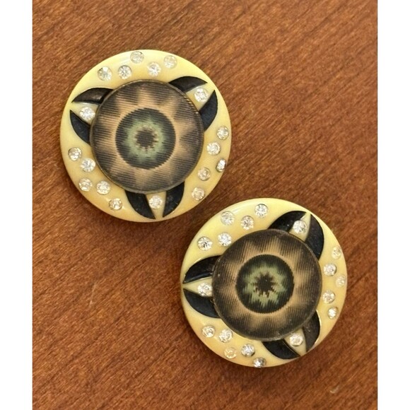 Vintage 30’s-40’s Hologram Clip On Earrings Yellow Bakelite & Rhinestone